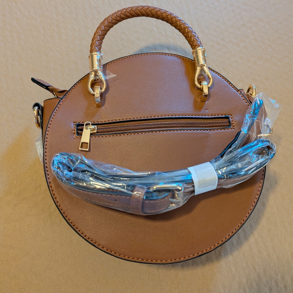 Chic Brown Round Crossbody Bag with Gold Details